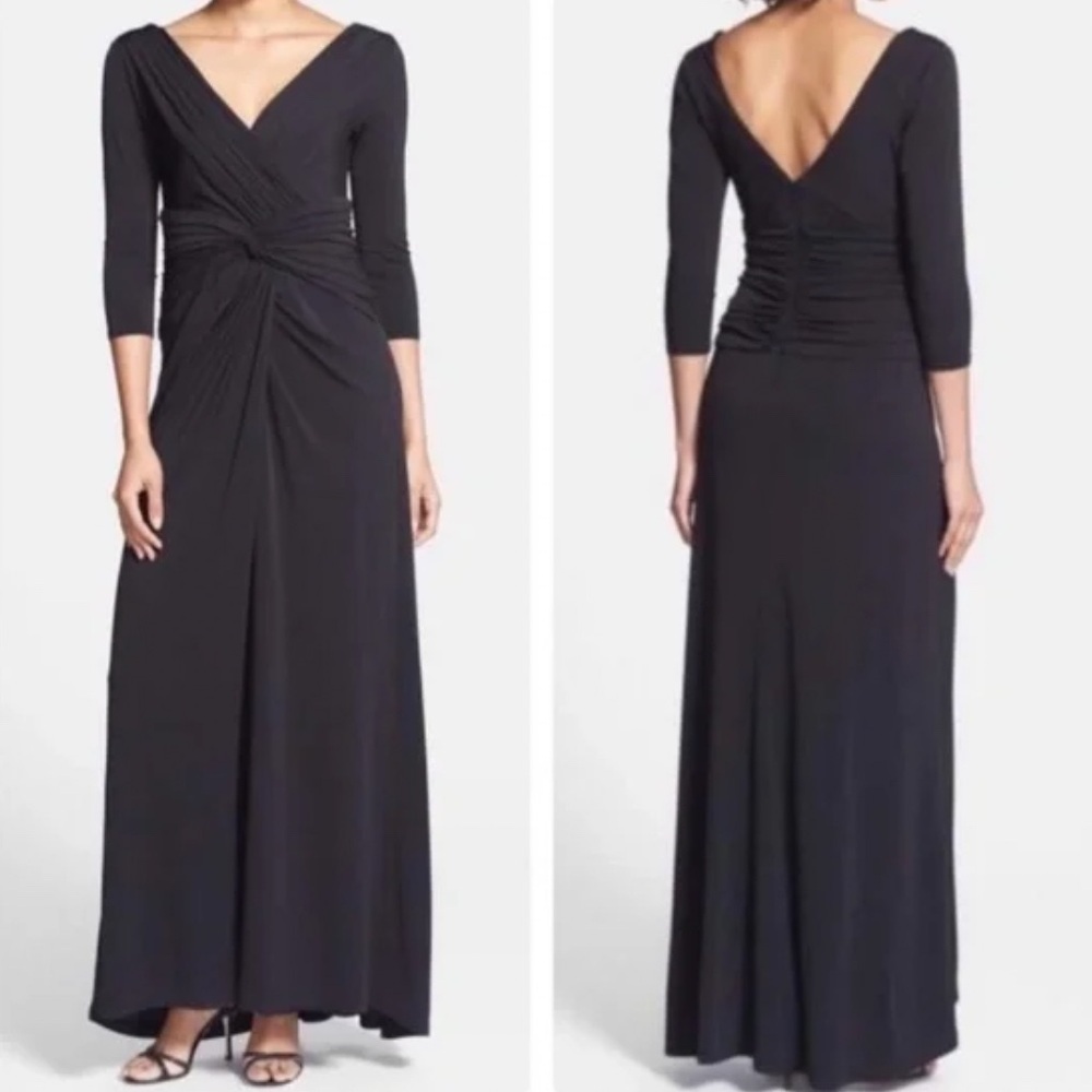 Tadashi Shoji Black V‑Neck Ruched Maxi Gown